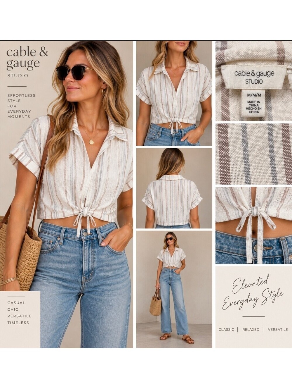 Cable & Gauge Studio Women’s M Striped Tie Front Crop Top Collared Short Sleeve